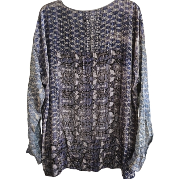 Biya Johnny Was Velvet Abstract Print Top Silk Sleeves Medium Blue Gray Oversize - Picture 3 of 6
